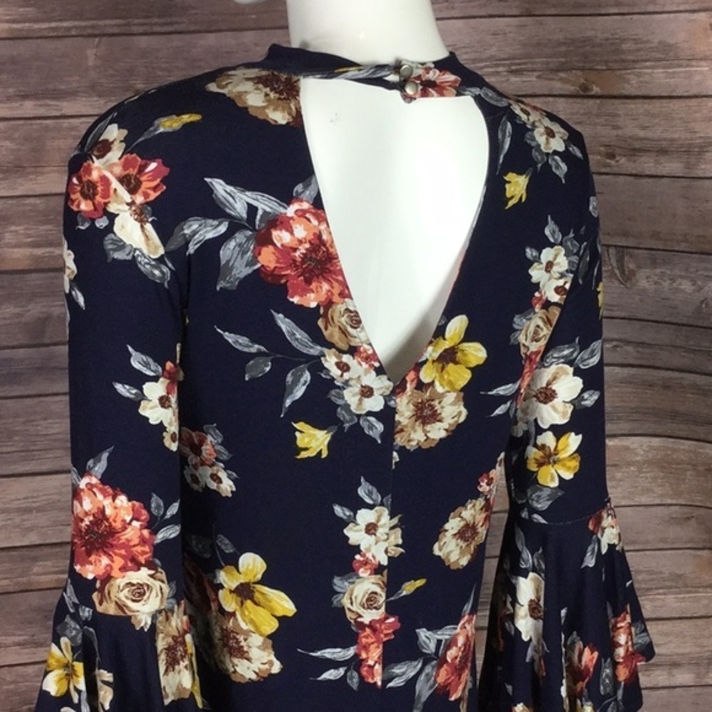 MTS Boho Dark floral choker mini dress ruffle sleeve Small pullover flowy - Picture 5 of 6